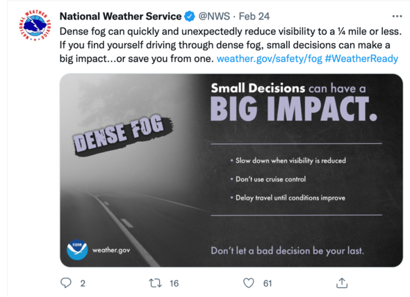 National Weather Service public service announcement on driving in dense fog - Tweet from February 24, 2022