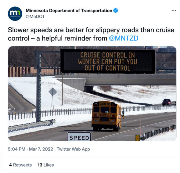 Minnesota Department of Transportation public service announcement on use of cruise control in winter - tweet from March 7, 2022