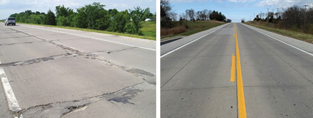 Before and after condition of Missouri Route D. Left shows cracking. Right shows unbonded concrete overlay.