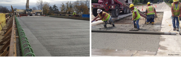 Left: Concrete roadway curing. Right: Concrete workers.