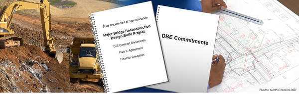 Left: Construction equipment. Center: Design-Build contract. Right: Highway Drawings