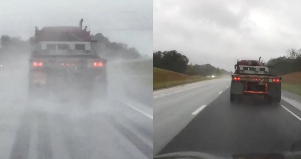 Before and after pictures show how OGFC reduces splash and spray and improves visibility.  Source: National Center for Asphalt Technology.