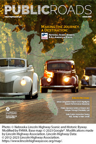 Classic cars on a cobblestone road overlay a U.S. map showing the Nebraska Lincoln Highway Scenic and Historic Byway. See image credits below photo.