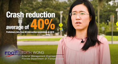 Woman, identified as Edith Wong, at right. On-screen text reads, "Crash reduction average of 40 percent."