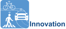 Innovation Logo with bicycle, car, and pedestrian, with connected symbols above each one