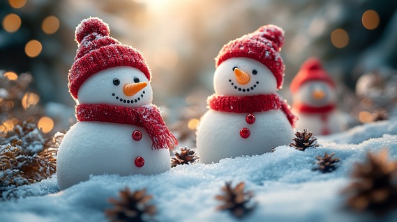 Smiling snowmen in red hats and scarves sitting outside in the snow amongst pinecones 