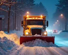 Plow cleaning off heavy snow on a neighborhood street during the evening hours