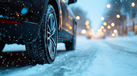 Pictures bottom of a car driving on a snowy roadway during the evening