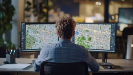 Man sitting at office desk with two computer monitors, intensely focused on reviewing transportation routes and data
