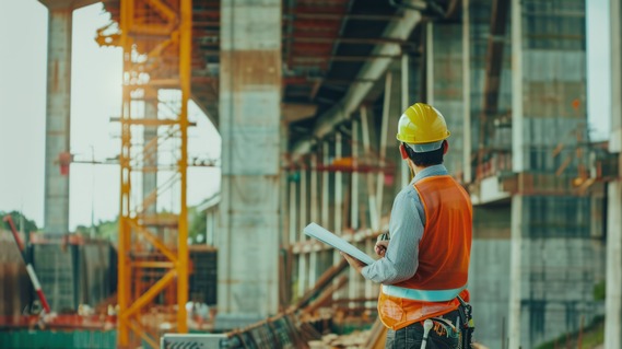 Male engineer in orange construction vest and hard hat assessing bridge being built