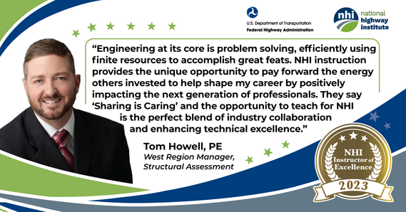 Blue, green and gray graphic with headshot and testimonial about the benefits of NHI instruction and impacts on Tom Howell's engineering career.