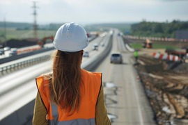 Female engineer in orange vest and hard hat looking over an overpass at a roadway under construction with cars driving by