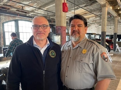 Director of the Michigan Office of Outdoor Recreation Industry, Brad Garmon, and NPS Director, Charles Sams III, at Ford Piquette Avenue Plant Museum