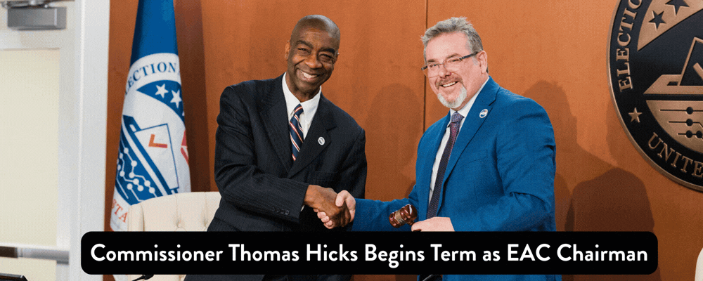 Chairman Thomas HIcks poses with Commissioner Palmer at the passing of the gavel. Commissioner Thomas HIcks Begins Term  as EAC Chairman.