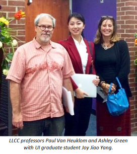 LLCC professors Paul Van Heuklom and Ashley Green with UI graduate student Joy Jiao Yang