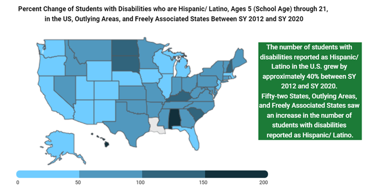 Image of United States with data about Hispanic and Latino students with disabilities