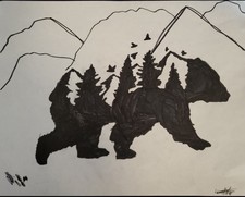 Drawing of a bear overlapping with trees and mountains