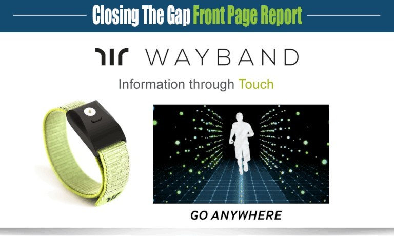 Actual WAYBAND device and rendering of how the technology helps a walker/runner stay within the “virtual corridor.”]