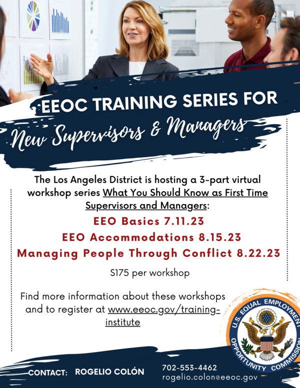 Woman standing in front of three people talking and smiling: https://www.eeoc.gov/training-institute/eeo-workshops