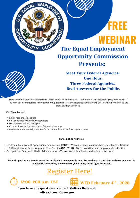 Flyer advertising a webinar with the EEOC, WHD and OSHA