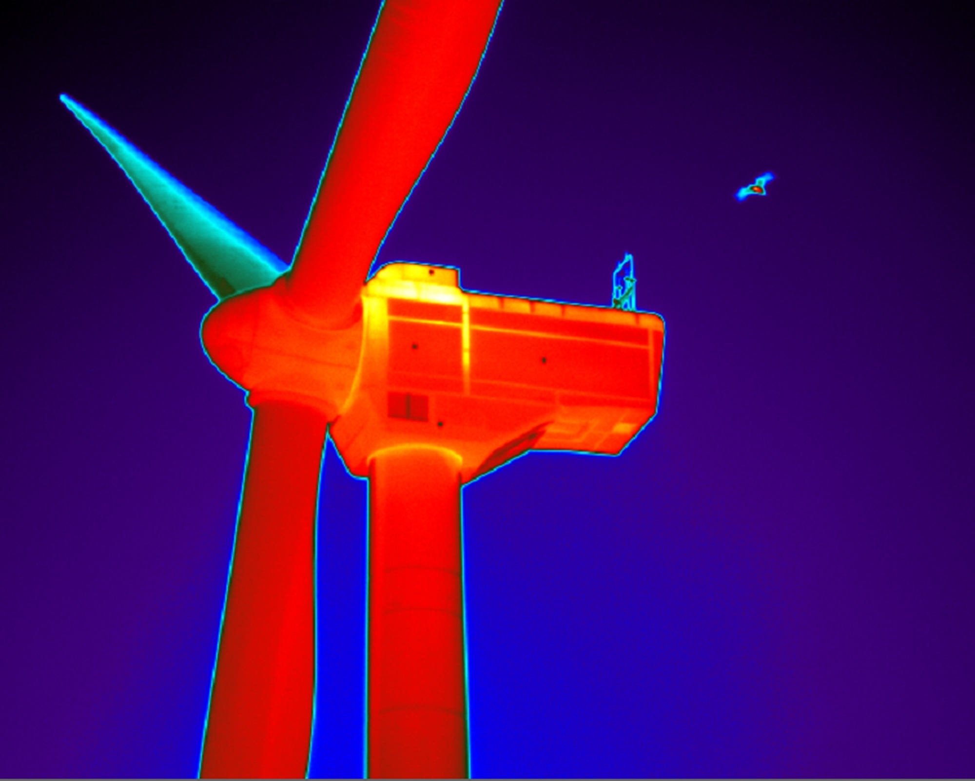 Infrared view of a wind turbine.