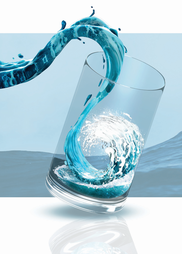 Illustration of an ocean wave flowing into a drinking glass.