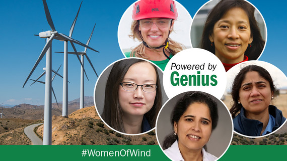 Wind turbines and images of five women who work in the wind industry.