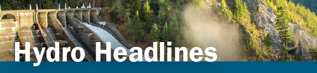 Image announcing the newsletter name "Hydro Headlines" and an image of hydropower.