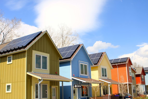 Rooftop solar panels on colorful houses in Boulder, Colorado