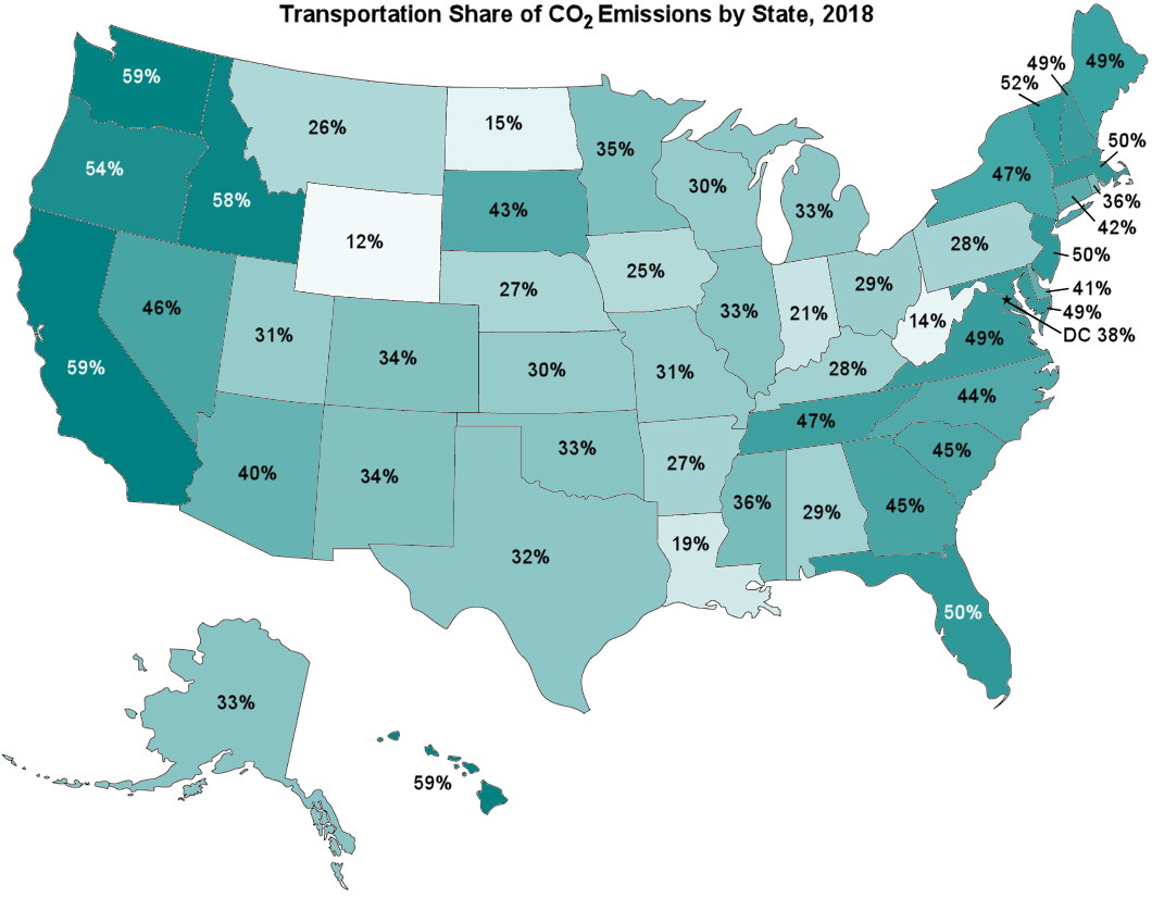 Transportation Share of Energy-Related Carbon Dioxide Emissions by State, 2018