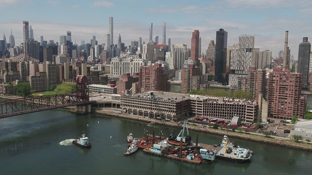 Verdant Power’s Roosevelt Island Tidal Energy Project, seen from above in the East Channel of the East River.