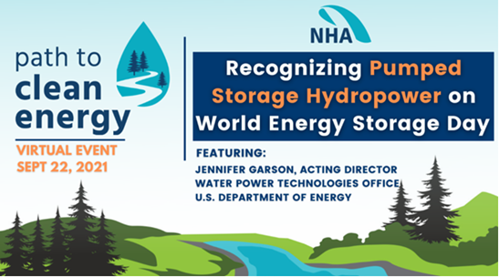 Flyer for "NHA Virtual Event with WPTO Acting Director Jennifer Garson: Recognizing Pumped Storage Hydropower on World Energy Storage Day"