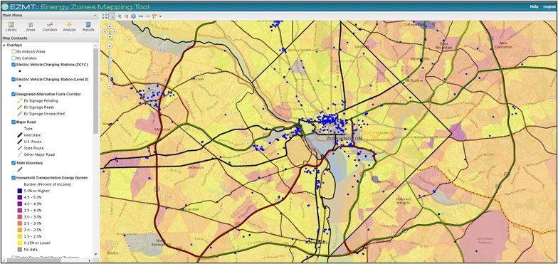 Energy Zones Mapping Tool example interface for household transportation energy burden in the Washington, DC area