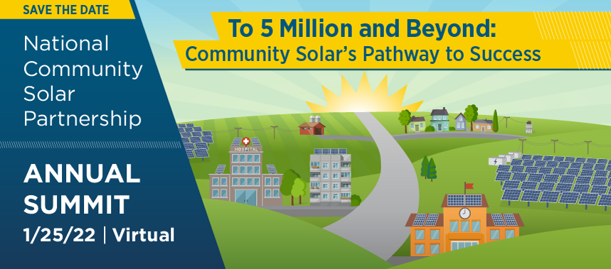 Save the Date graphic for the National Community Solar Partnership Annual Summit on January 25, 2022