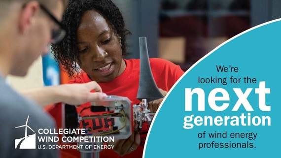 Woman working on a wind turbine, graphic saying "We're looking for the next generation of wind energy professionals"