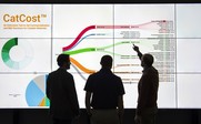Three scientists stand in front of a visualization of CatCost, an estimate tool to aid commercialization and R&D decisions for catalytic materials