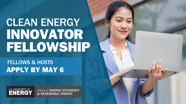 Woman with a laptop smiling: "Clean energy innovator fellowship - fellows and hosts apply by May 6"