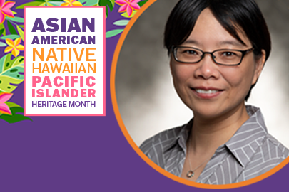 Headshot of Jian Fu with "May is Asian American and Native Hawaiian/Pacific Islander (AANHPI) Heritage Month" text.