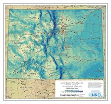 Map of Colorado land-based wind speed at 100 meters.