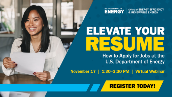A promo image for the Elevate Your Resume (How to Apply for Jobs at the U.S. Department of Energy" webinar.