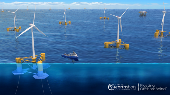Graphic showing several large wind turbines floating in a large body of water. 
