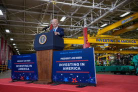President Biden speaking at the Cummins Power Generation Facility in Fridley, Minnesota