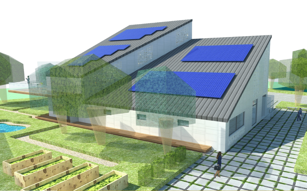 A rendering of a house with solar panels on the roof.