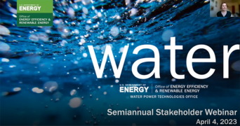 A title slide reading, "Water Semiannual Stakeholder Webinar April 2023" and a person in an overlain inset screen.