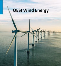 Line of wind turbines in water with text "OESI" in large text