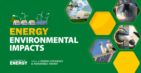 "Energy - Environmental Impacts" Images of a clean energy plane, hydropower, recharge station for vehicles, and cranes sitting on solar panels. 