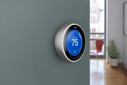 A smart thermostat on the wall in a home.