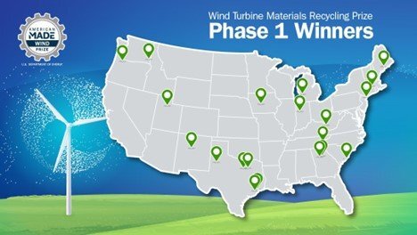 A map of the United States with pinpoints and the title "Wind Turbine Materials Recycling Prize Phase 1 Winners"