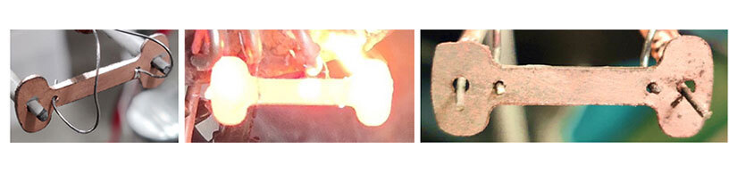 Three images of a piece of metal, one before, one during, and one after heating