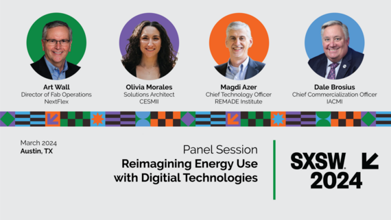 A banner with four headshots and names and the title "Panel Session Reimagining Energy Use with Digital Technologies SXSW 2024 March 2024, Austin, TX"